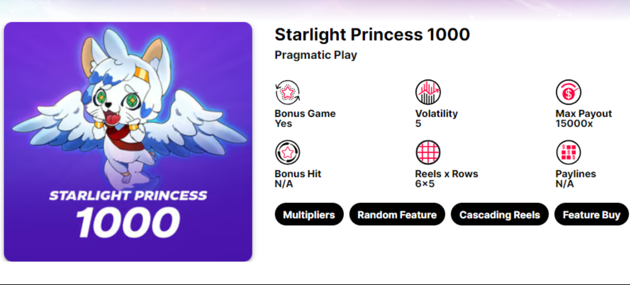 Starlight Princess tại Bombastic có các tính năng như Vòng quay miễn phí, Tính năng nhào lộn Ký hiệu số nhân ngẫu nhiên